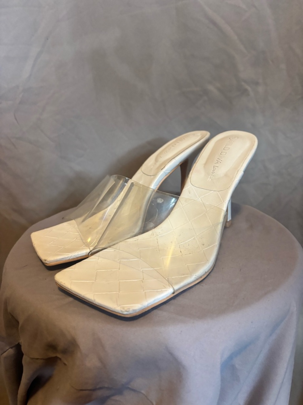 DIVA Lounge White Square Toe Clear Strap Heeled Mules